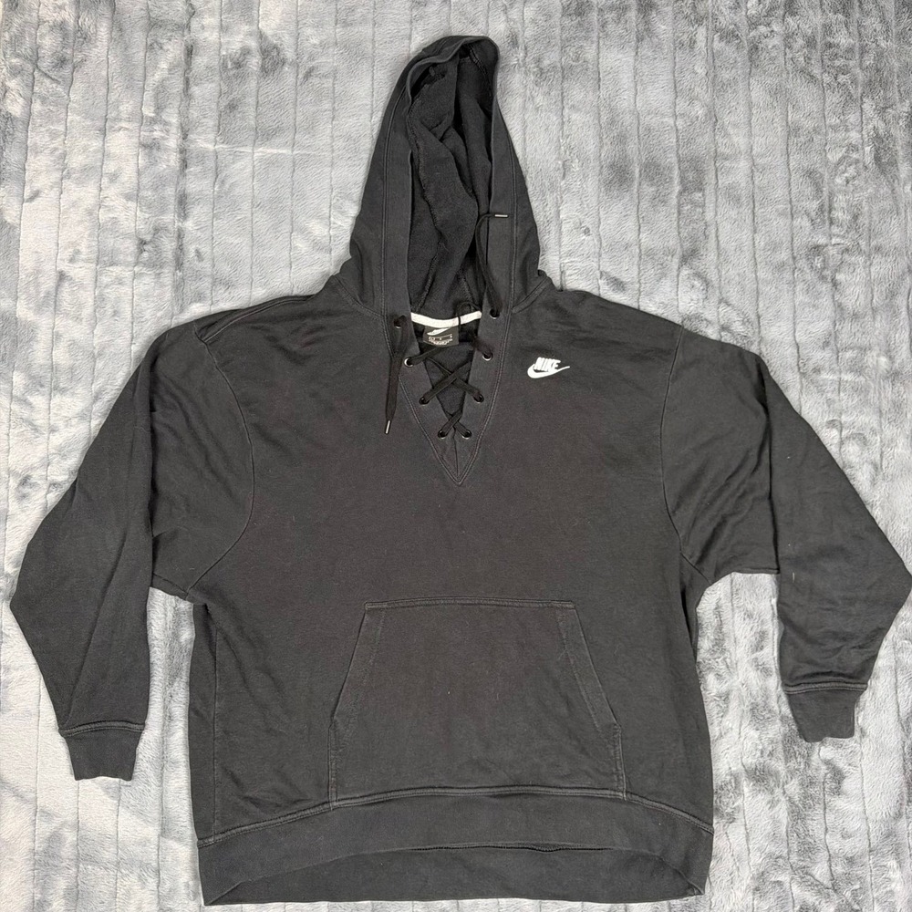 Nike Sportswear Lace Up V-Neck Hoodie Black Futura Logo 929531-010 Womens Large